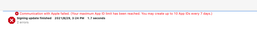 图片[1]-Xcode – Your maximum App ID limit has been reached. You may create up to 10 App IDs every 7 days-猿说编程